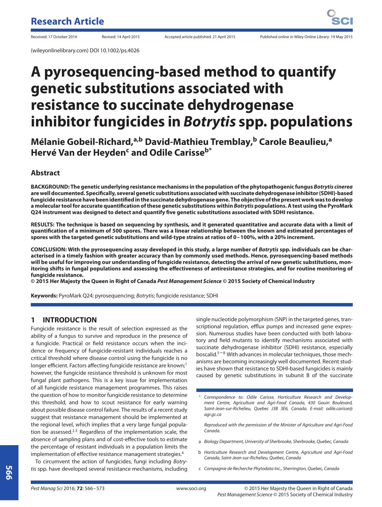 A pyrosequencing-based method to quantify genetic substitutions associated with resistance to succinate dehydrogenase inhibitor fungicides in Botrytis spp. populations by Unknown