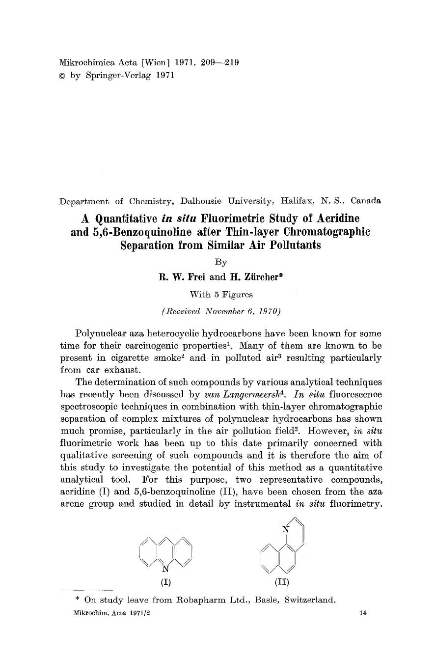 A quantitative <Emphasis Type="Italic">in situ <Emphasis> fluorimetric study of acridine and 5,6-benzoquinoline after thin-layer chromatographic separation from similar air pollutants by Unknown