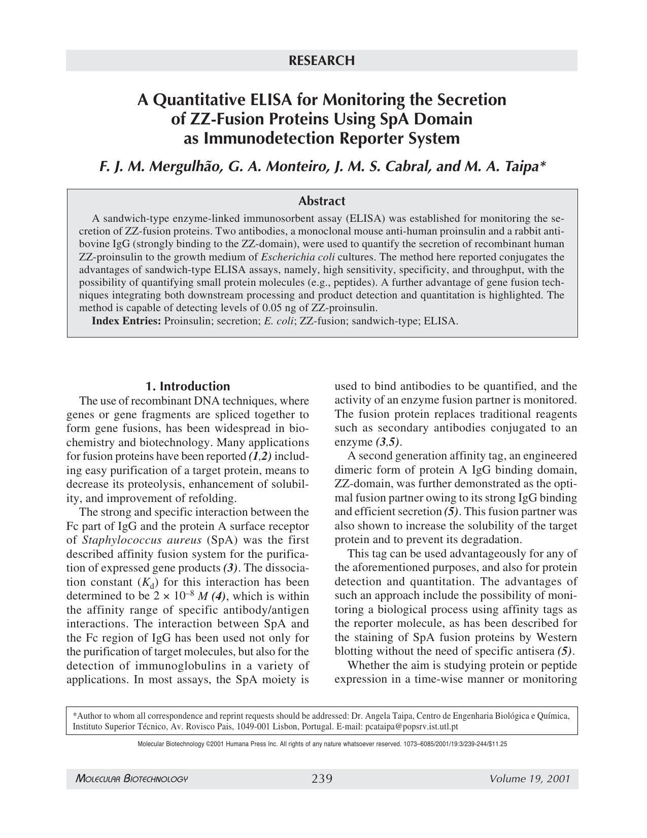 A quantitative ELISA for monitoring the secretion of ZZ-fusion proteins using SpA domain as immunodetection reporter system by Unknown