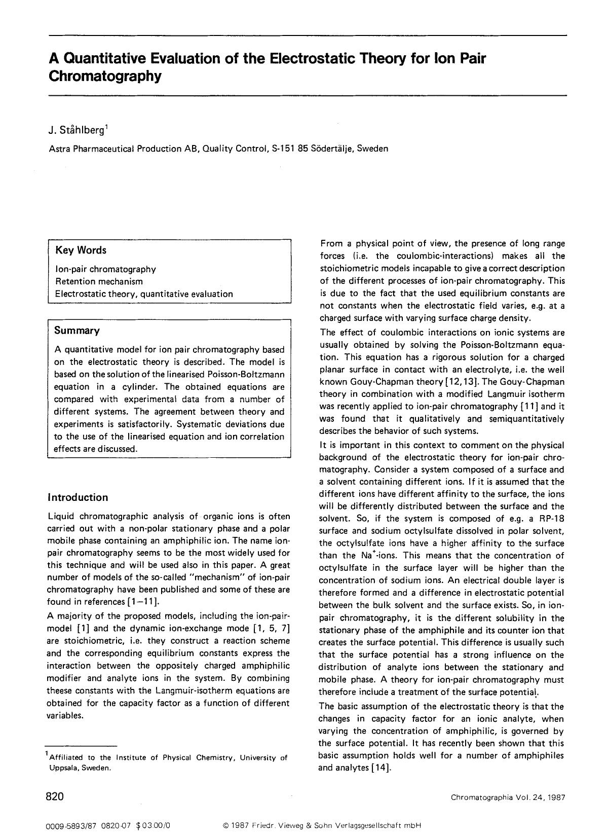 A quantitative evaluation of the electrostatic theory for ion pair chromatography by Unknown