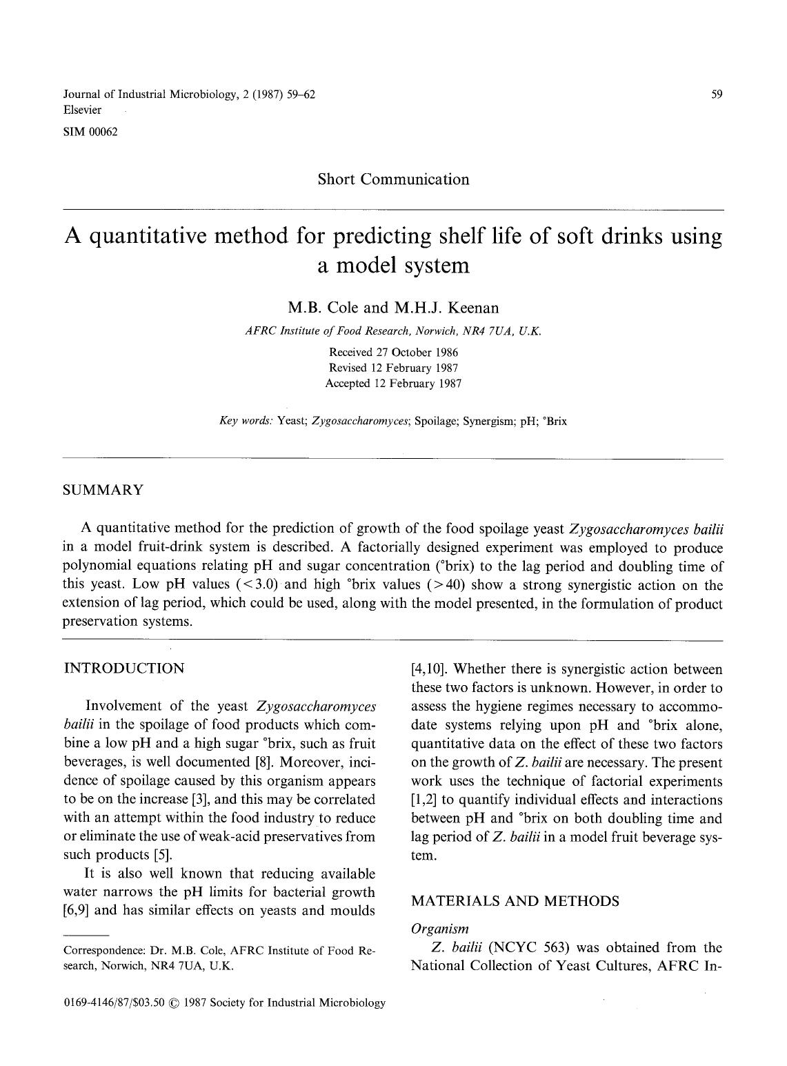 A quantitative method for predicting shelf life of soft drinks using a model system by Unknown