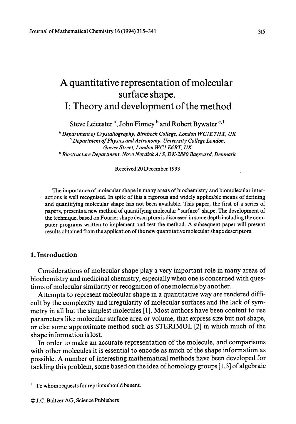 A quantitative representation of molecular surface shape. I: Theory and development of the method by Unknown