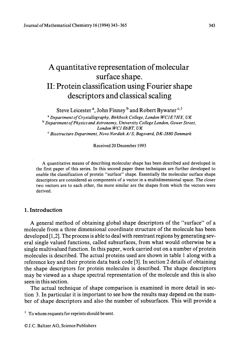 A quantitative representation of molecular surface shape. II: Protein classification using Fourier shape descriptors and classical scaling by Unknown