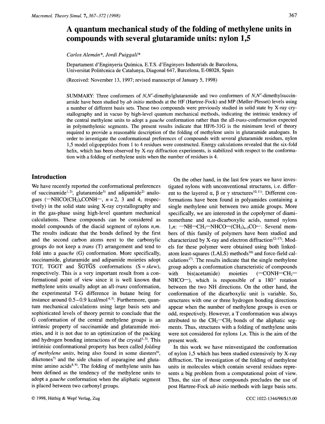 A quantum mechanical study of the folding of methylene units in compounds with several glutaramide units: nylon 1,5 by Unknown
