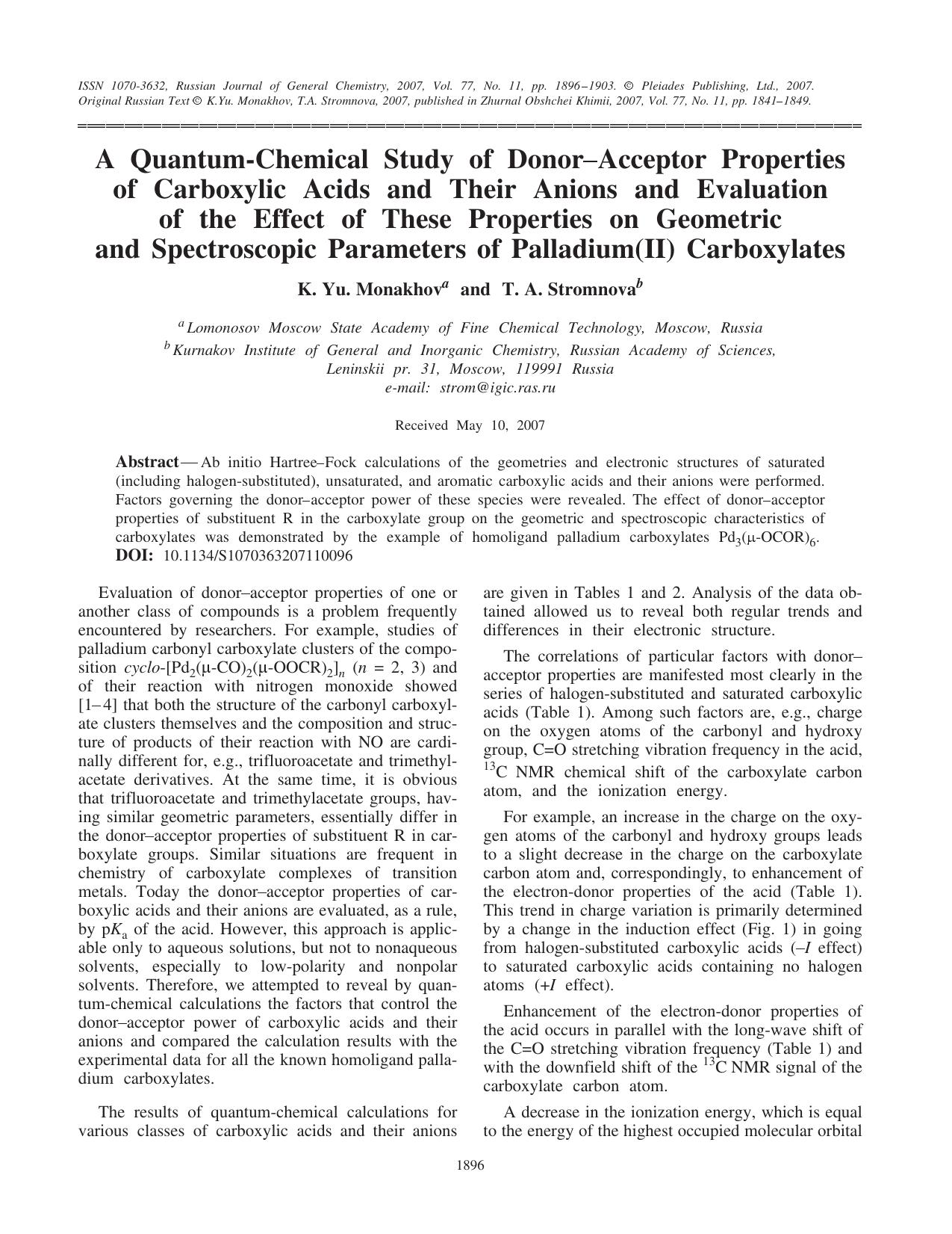 A quantum-chemical study of donor-acceptor properties of carboxylic acids and their anions and evaluation of the effect of these properties on geometric and spectroscopic parameter by Unknown