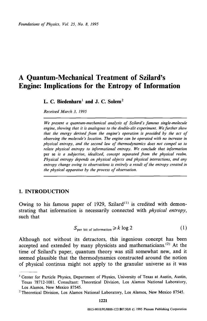 A quantum-mechanical treatment of Szilard's engine: Implications for the entropy of information by Unknown