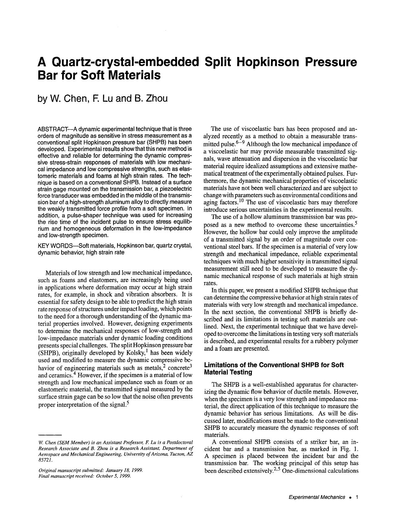 A quartz-crystal-embedded split Hopkinson pressure bar for soft materials by Unknown