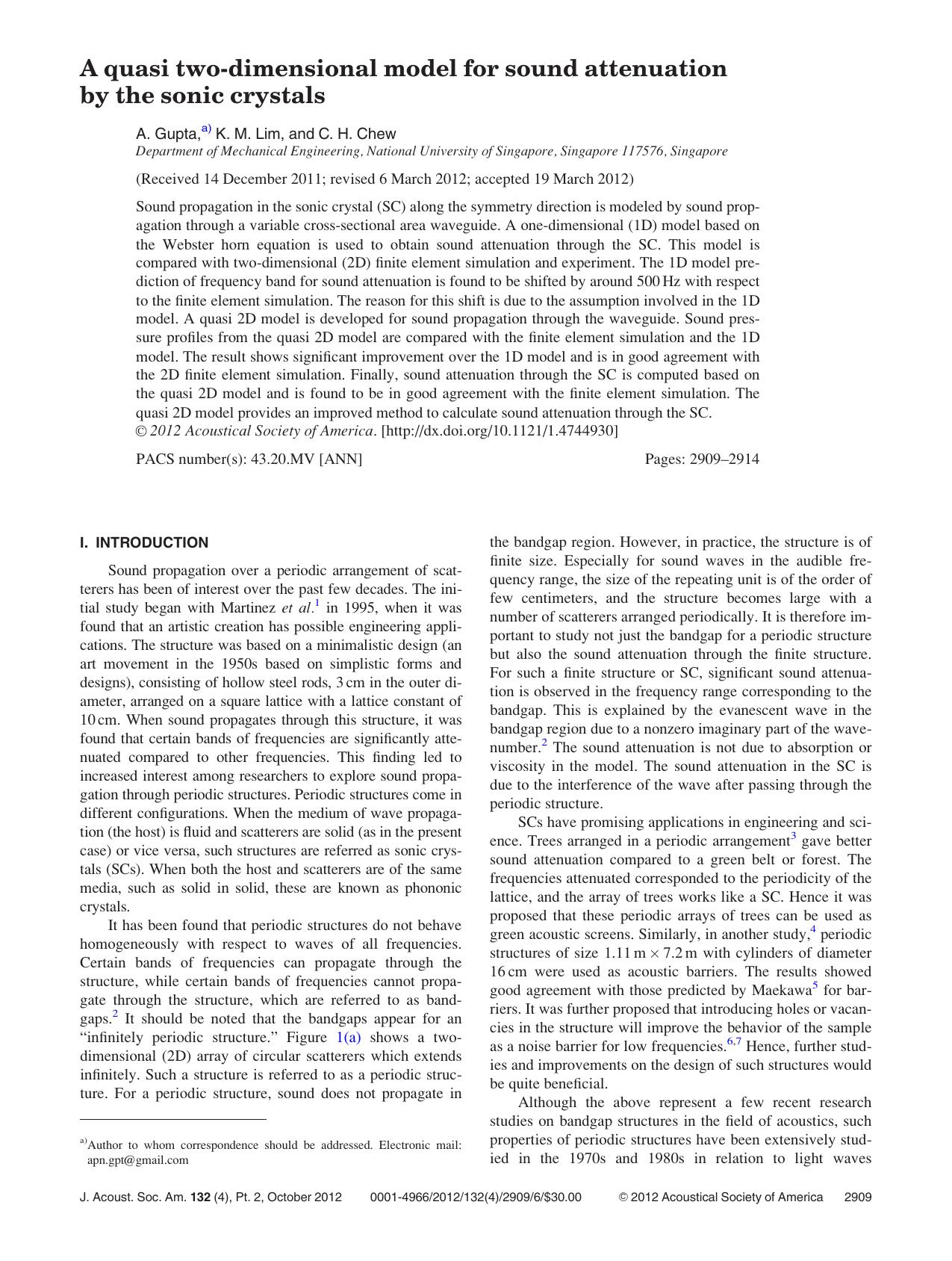 A quasi two-dimensional model for sound attenuation by the sonic crystals by A. Gupta a) K. M. Lim and C. H. Chew