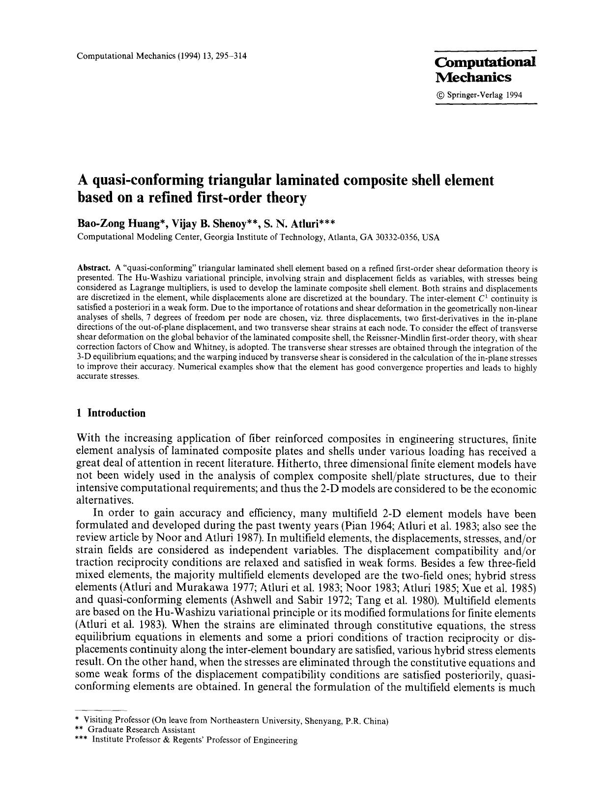 A quasi-conforming triangular laminated composite shell element based on a refined first-order theory by Unknown