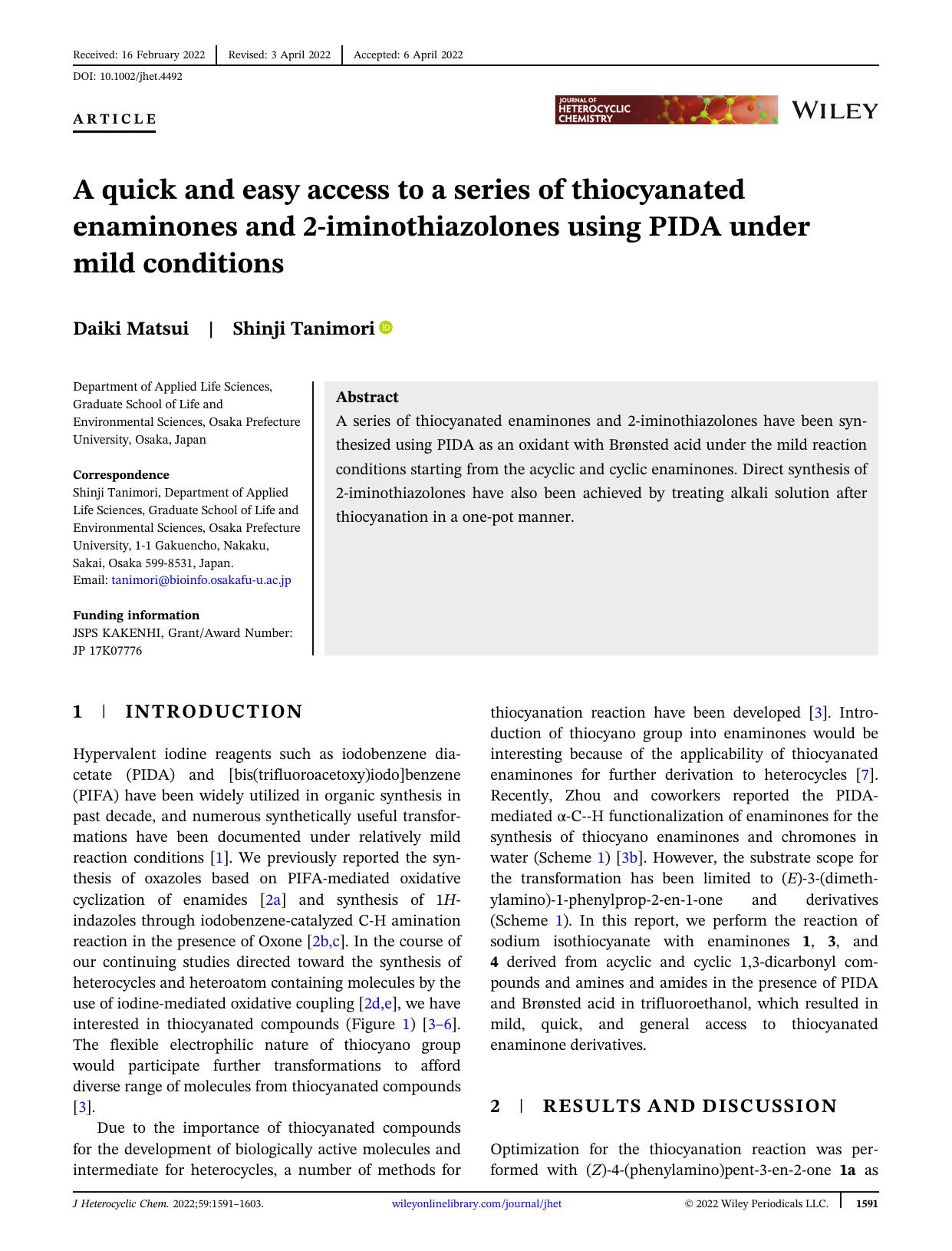 A quick and easy access to a series of thiocyanated enaminones and 2-iminothiazolones using PIDA under mild conditions by Unknown