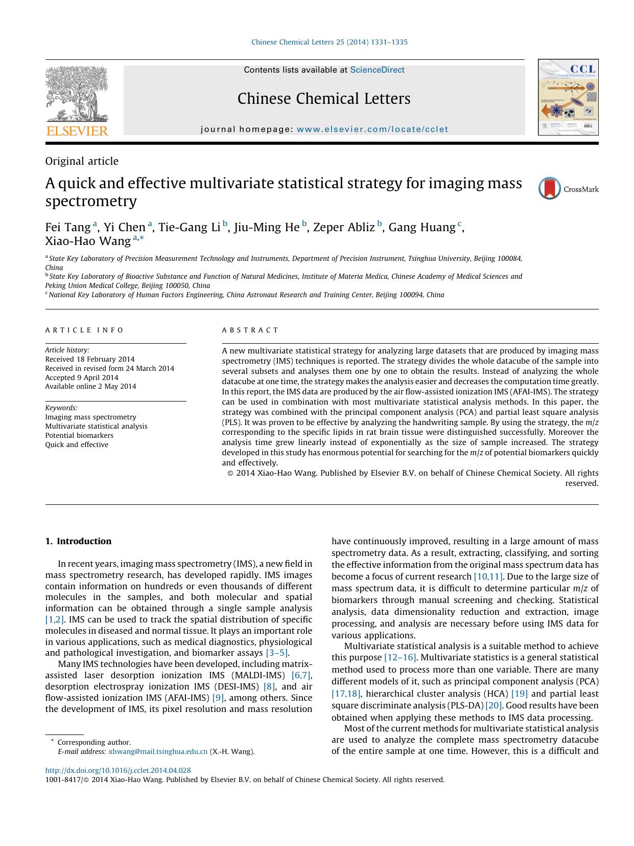 A quick and effective multivariate statistical strategy for imaging mass spectrometry by Fei Tang & Yi Chen & Tie-Gang Li & Jiu-Ming He & Zeper Abliz & Gang Huang & Xiao-Hao Wang