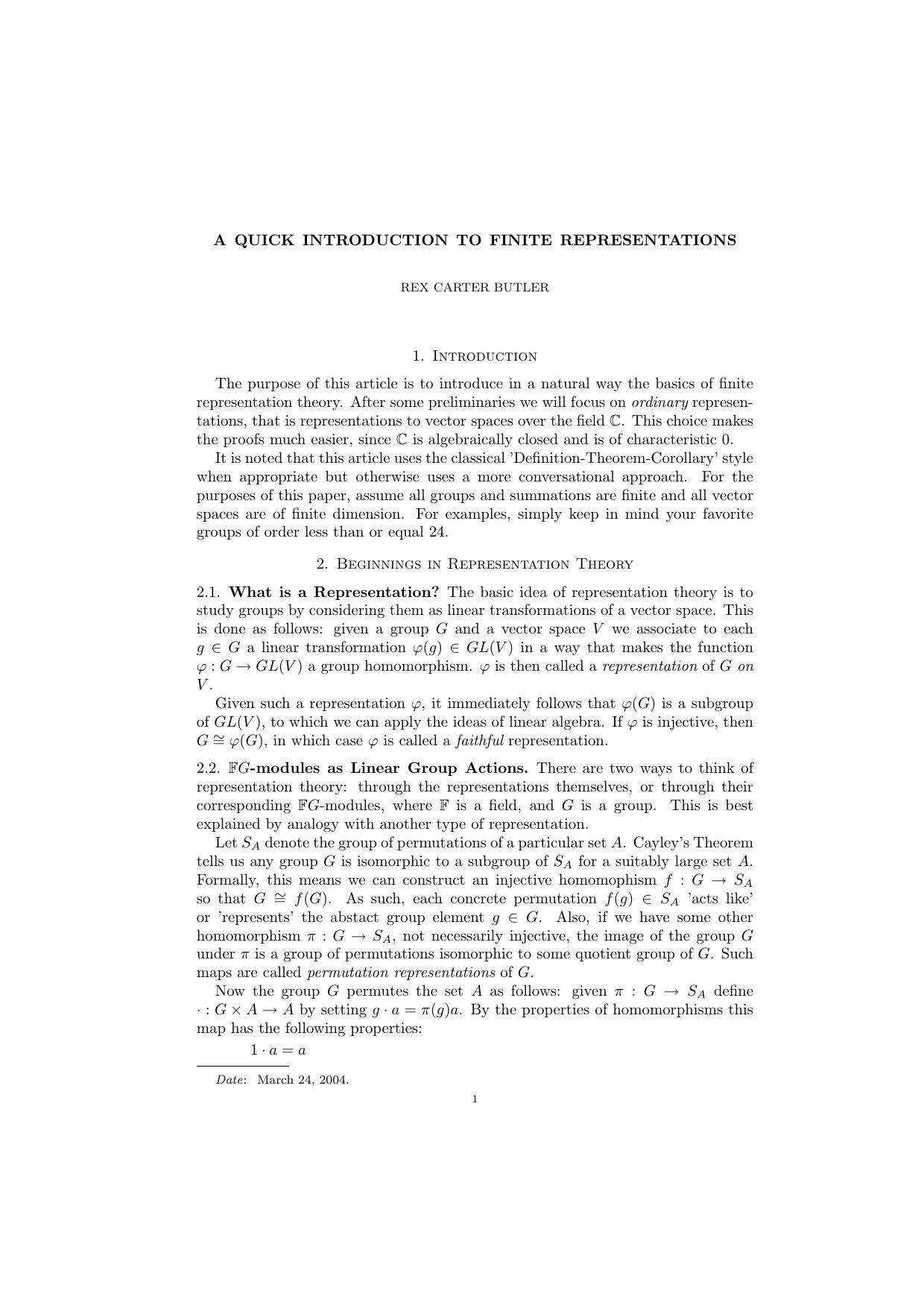 A quick introduction to finite representations by Rex Carter Butler