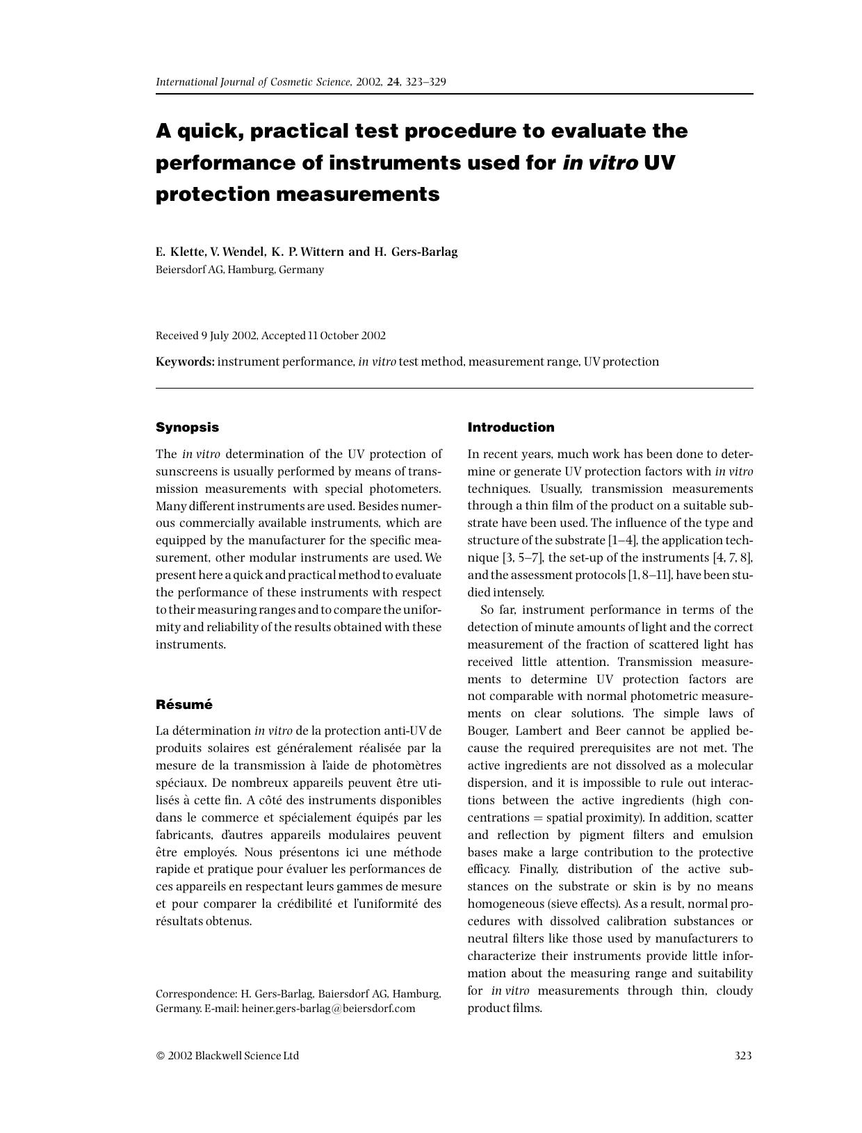 A quick, practical test procedure to evaluate the performance of instruments used for invitro UV protection measurements by Unknown
