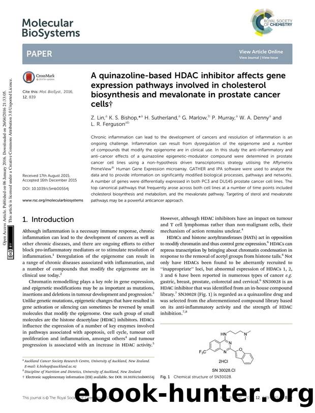 A quinazoline-based HDAC inhibitor affects gene expression pathways involved in cholesterol biosynthesis and mevalonate in prostate cancer cells by Z. Lin & K. S. Bishop & H. Sutherland & G. Marlow & P. Murray & W. A. Denny & L. R. Ferguson
