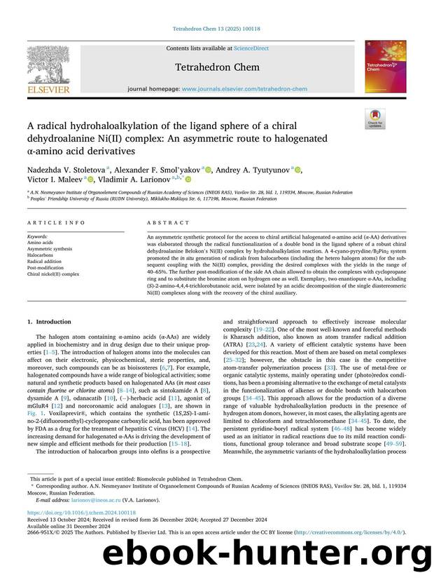 A radical hydrohaloalkylation of the ligand sphere of a chiral dehydroalanine Ni(II) complex: An asymmetric route to halogenated Î±-amino acid derivatives by unknow