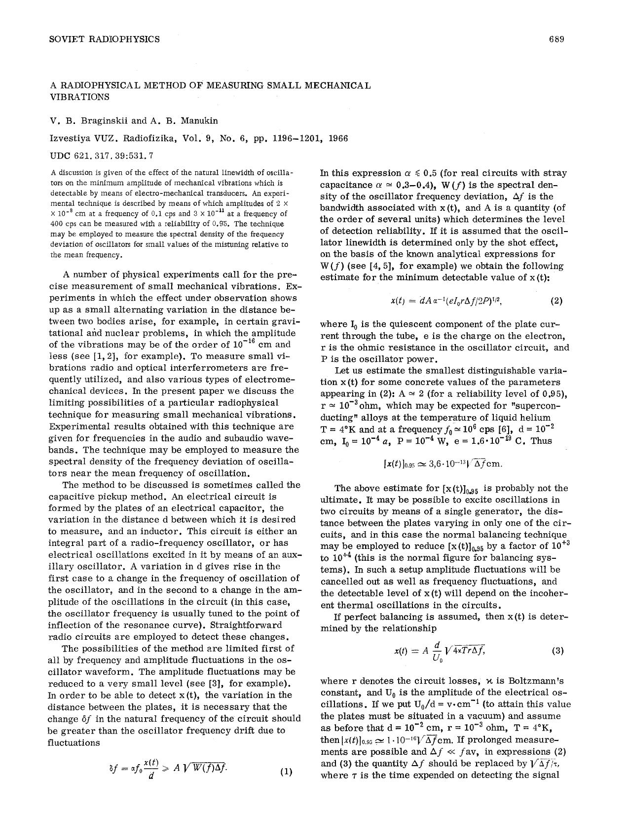 A radiophysical method of measuring small mechanical vibrations by Unknown