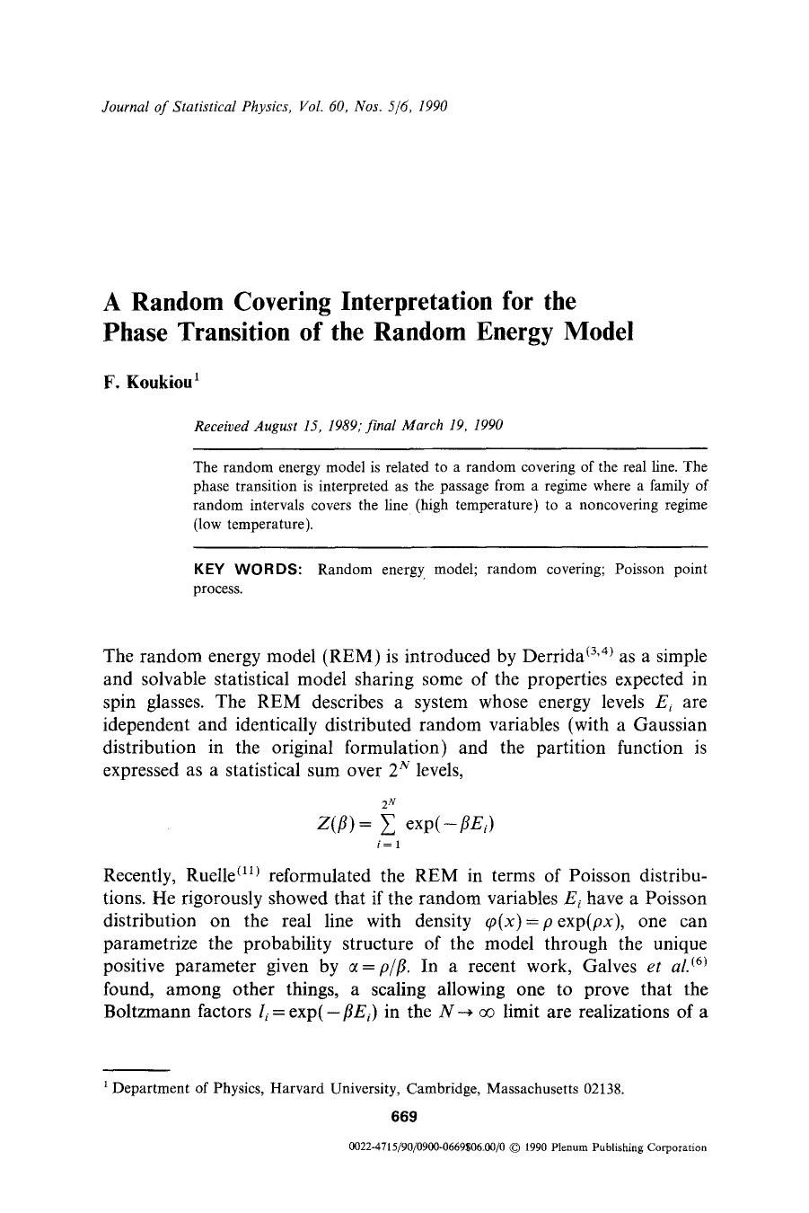 A random covering interpretation for the phase transition of the random energy model by Unknown