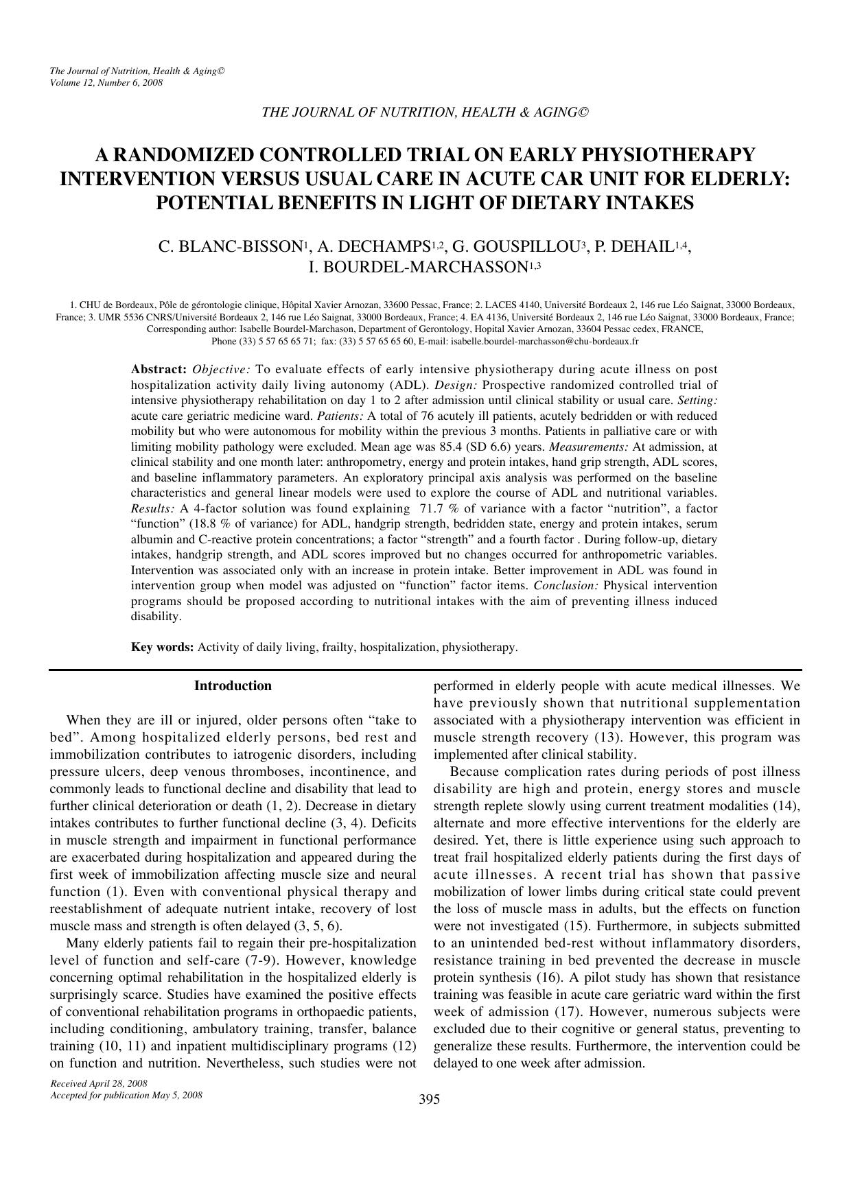 A randomized controlled trial on early physiotherapy intervention versus usual care in acute car unit for elderly: Potential benefits in light of dietary intakes by Unknown