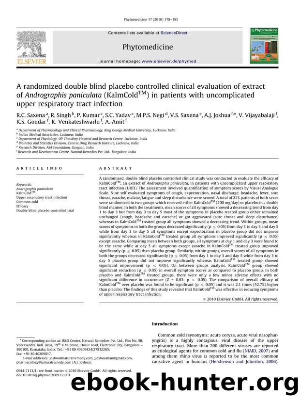 A randomized double blind placebo controlled clinical evaluation of extract of Andrographis paniculata (KalmColdâ¢) in patients with uncomplicated upper respiratory tract infection by unknow