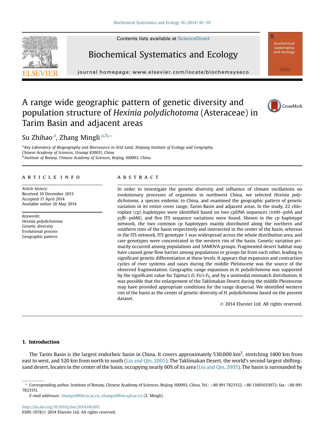 A range wide geographic pattern of genetic diversity and population structure of Hexinia polydichotoma (Asteraceae) in Tarim Basin and adjacent areas by Su Zhihao & Zhang Mingli