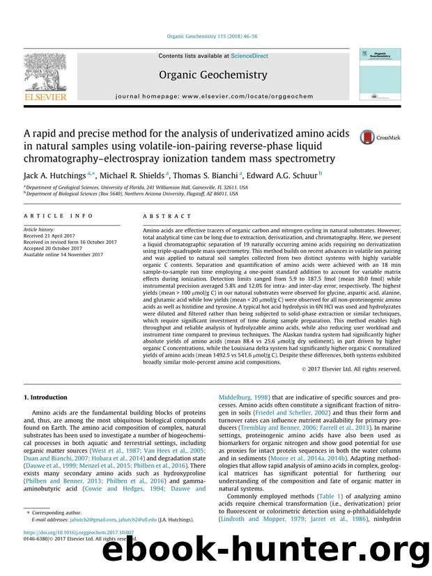 A rapid and precise method for the analysis of underivatized amino acids in natural samples using volatile-ion-pairing reverse-phase liquid chromatographyÃ¢â¬âelectrospray ioniz by Jack A. Hutchings & Michael R. Shields & Thomas S. Bianchi & Edward A.G. Schuur