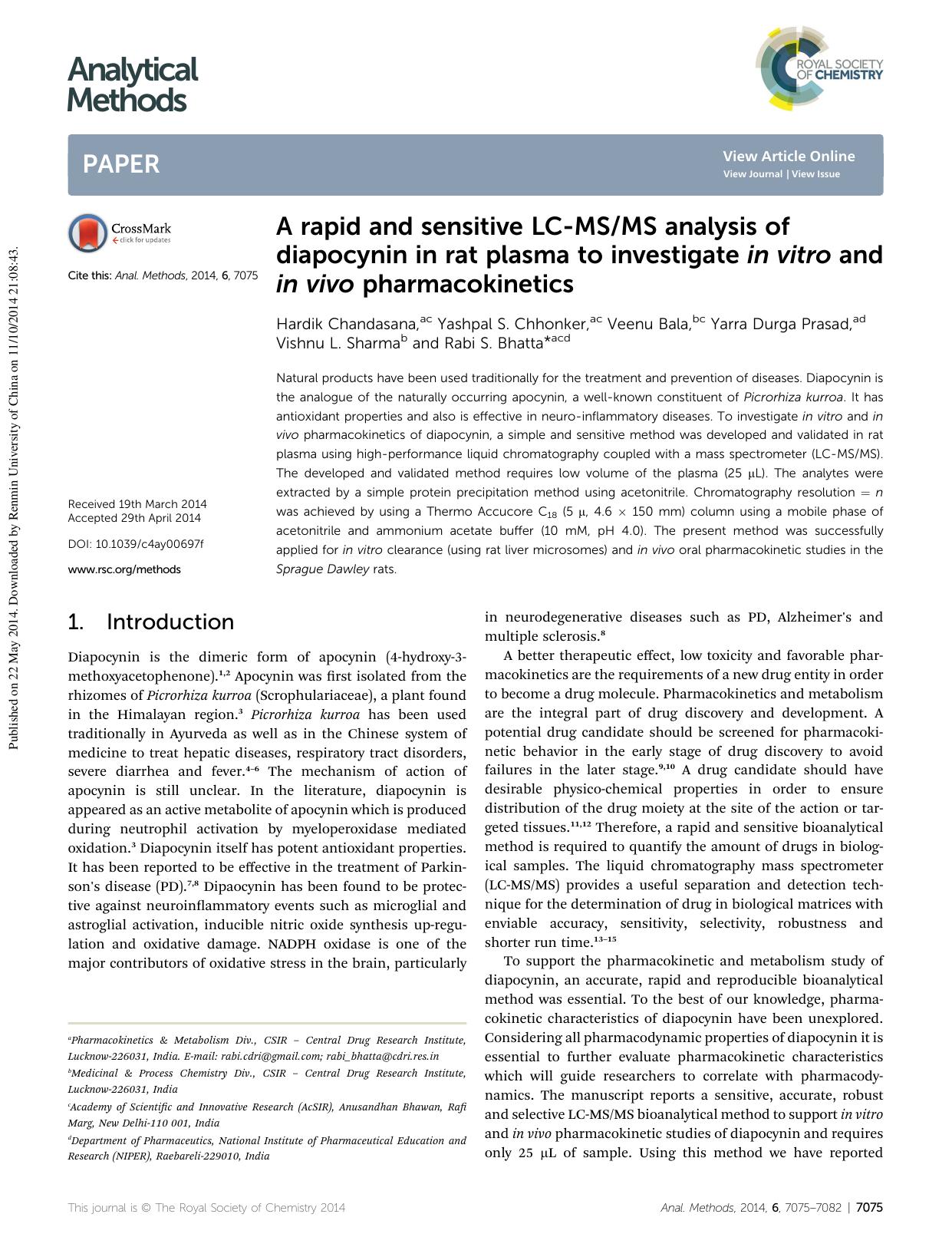 A rapid and sensitive LC-MSMS analysis of diapocynin in rat plasma to investigate in vitro and in vivo pharmacokinetics by unknow