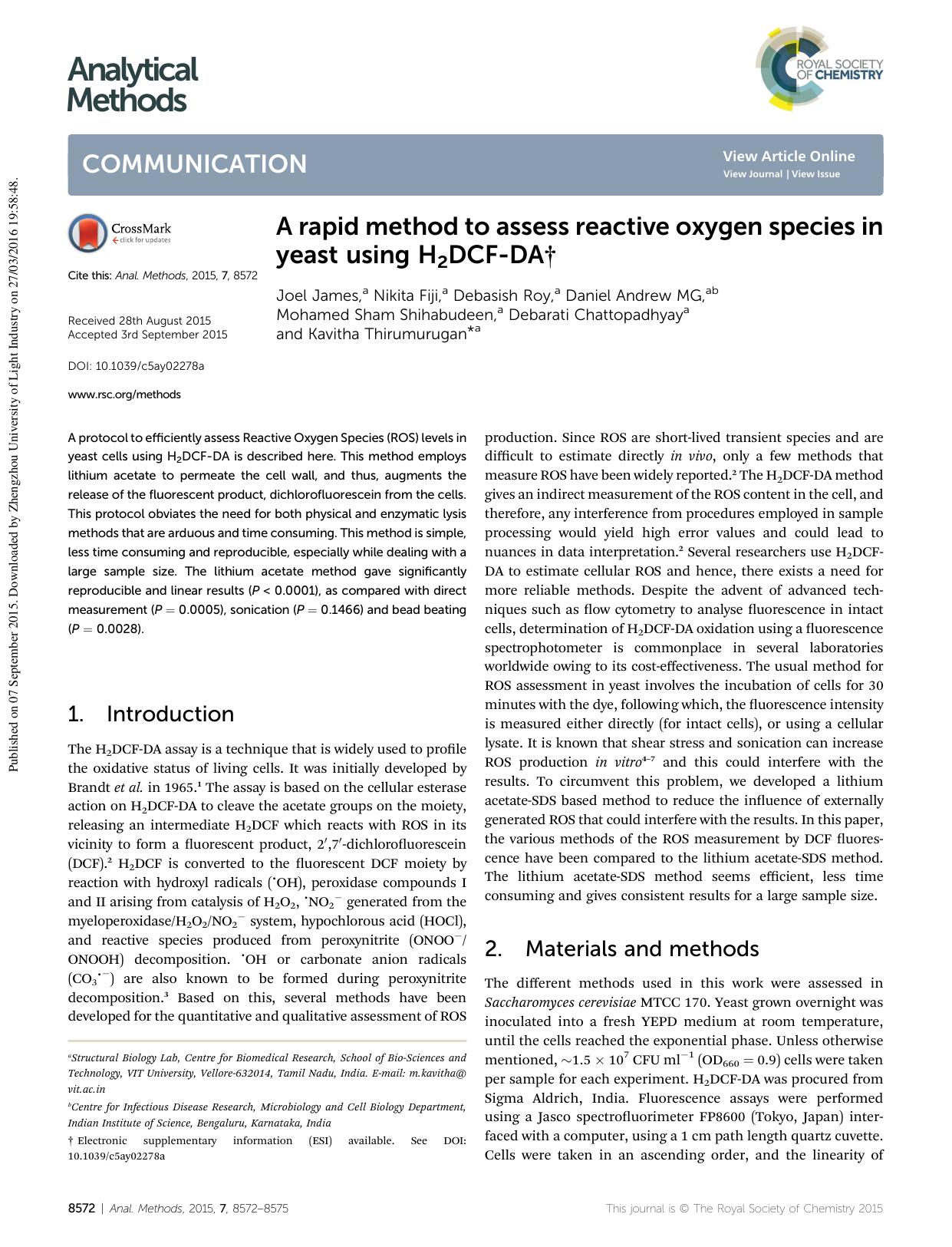 A rapid method to assess reactive oxygen species in yeast using H2DCF-DA by unknow
