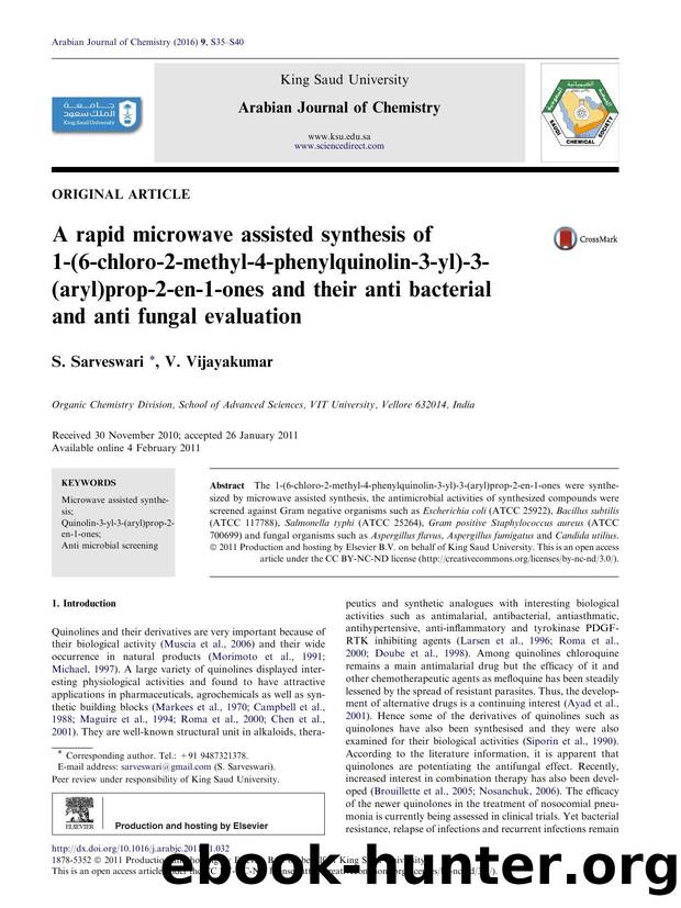 A rapid microwave assisted synthesis of 1-(6-chloro-2-methyl-4-phenylquinolin-3-yl)-3-(aryl)prop-2-en-1-ones and their anti bacterial and anti fungal evaluation by S. Sarveswari & V. Vijayakumar