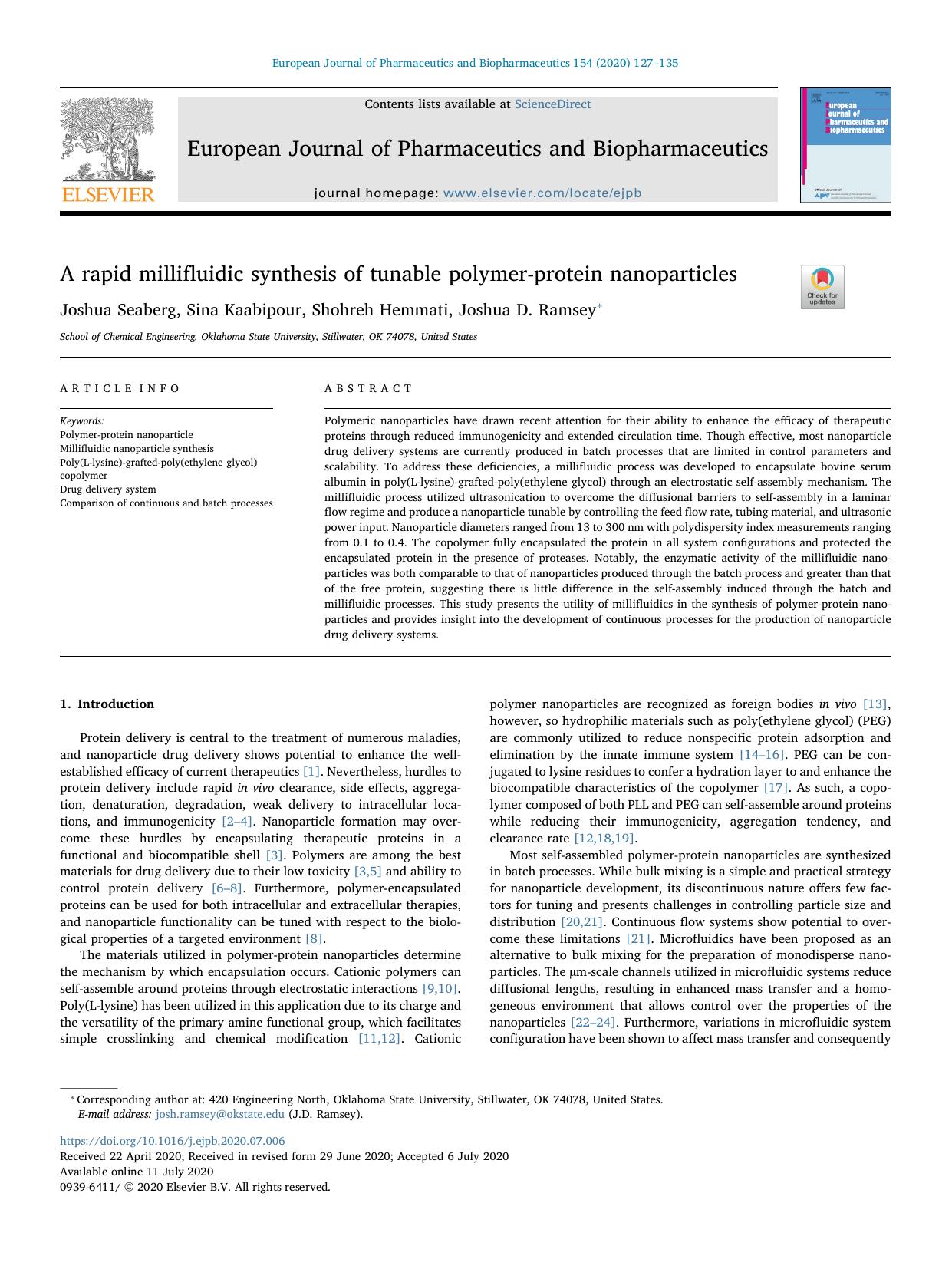 A rapid millifluidic synthesis of tunable polymer-protein nanoparticles by Joshua Seaberg & Sina Kaabipour & Shohreh Hemmati & Joshua D. Ramsey