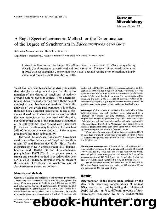 A rapid spectrofluorimetric method for the determination of the degree of synchronism in <Emphasis Type="Italic">Saccharomyces cerevisiae <Emphasis> by Unknown