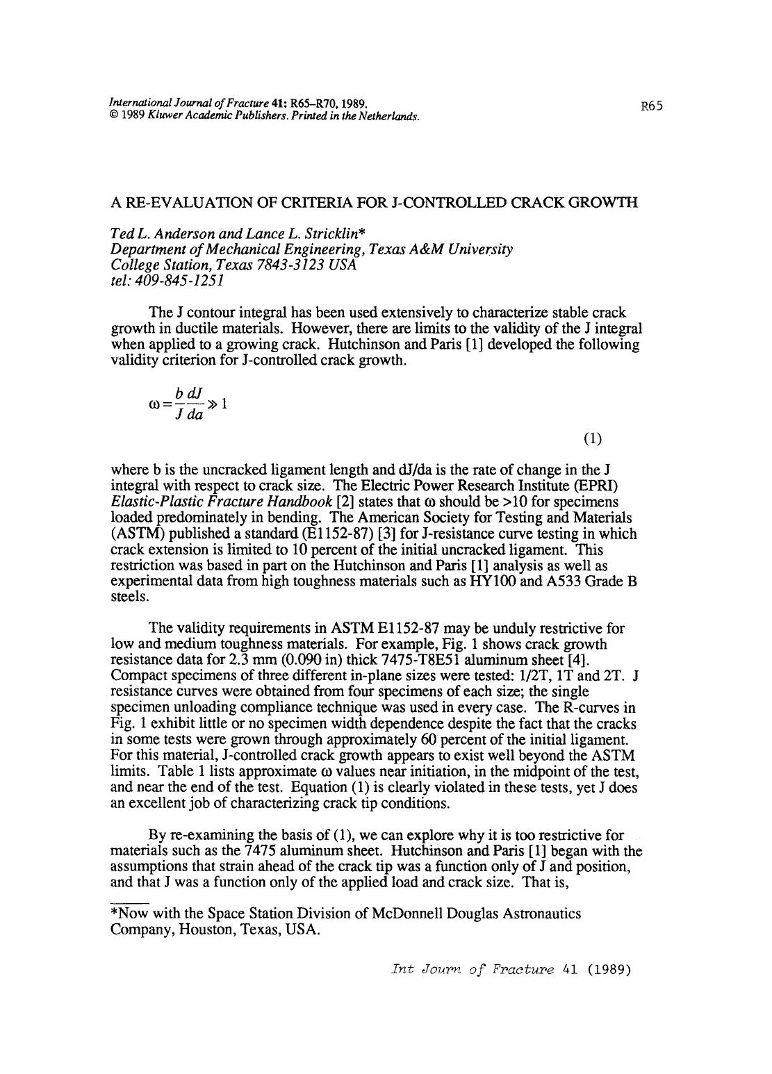 A re-evaluation of criteria for J-controlled crack growth by Unknown