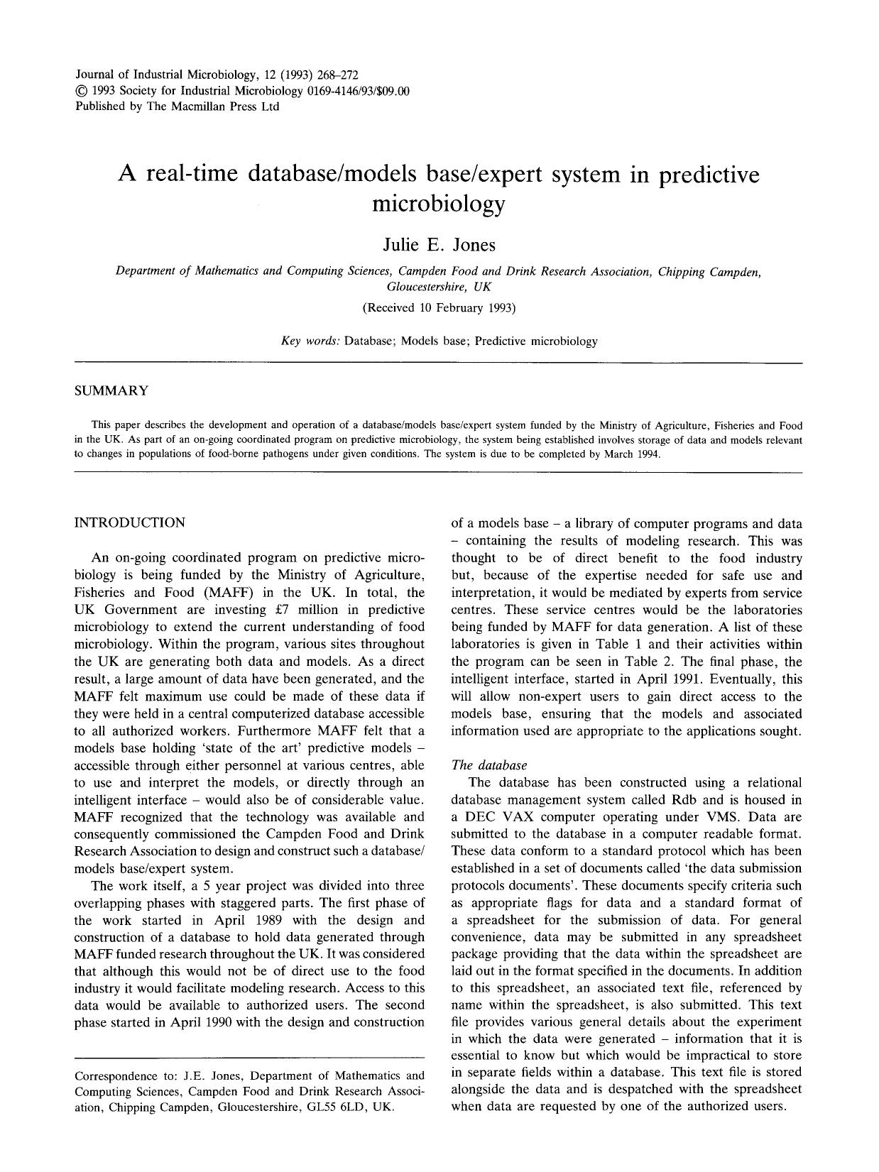 A real-time databasemodels baseexpert system in predictive microbiology by Unknown