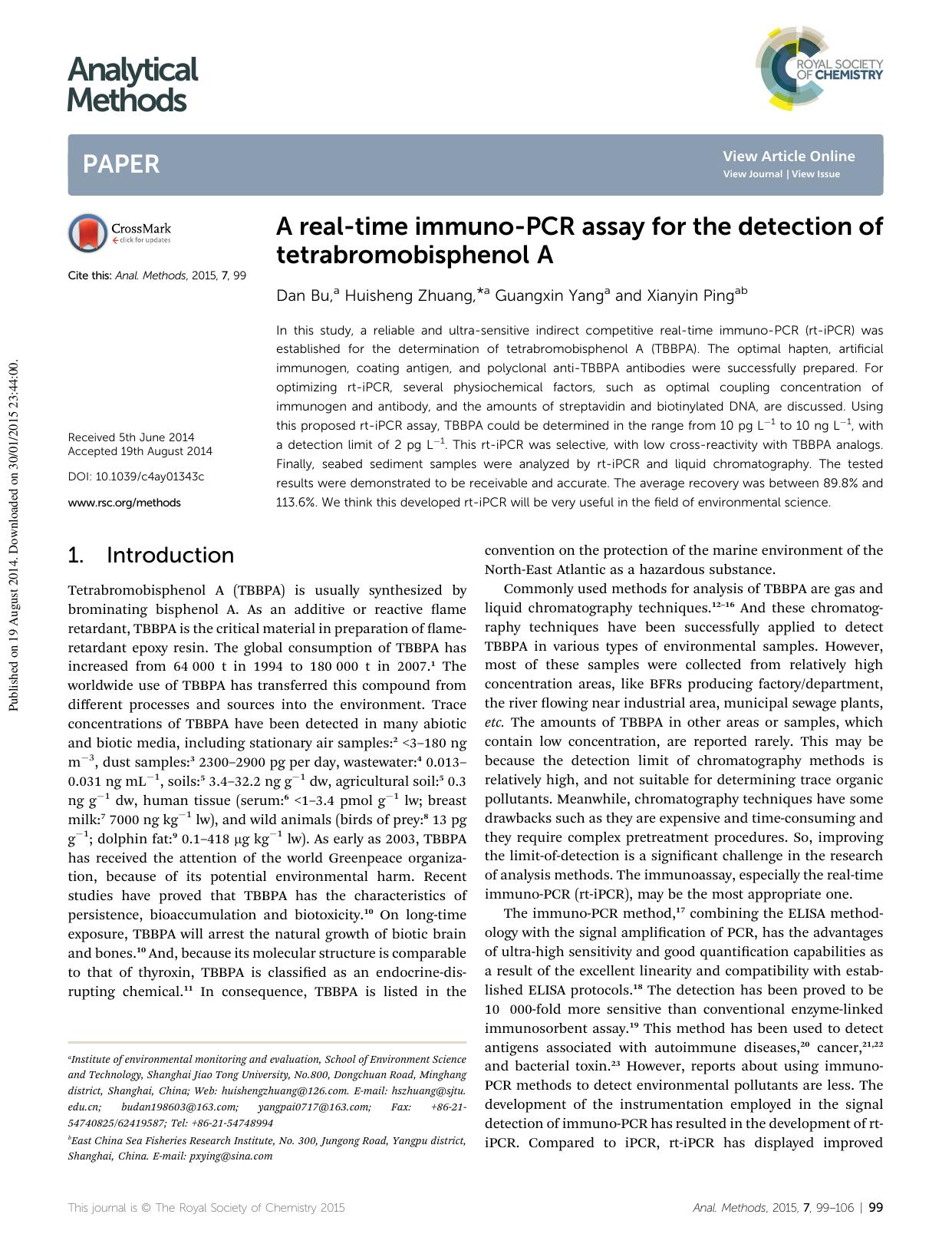 A real-time immuno-PCR assay for the detection of tetrabromobisphenol A by Dan Bu & Huisheng Zhuang & Guangxin Yang & Xianyin Ping