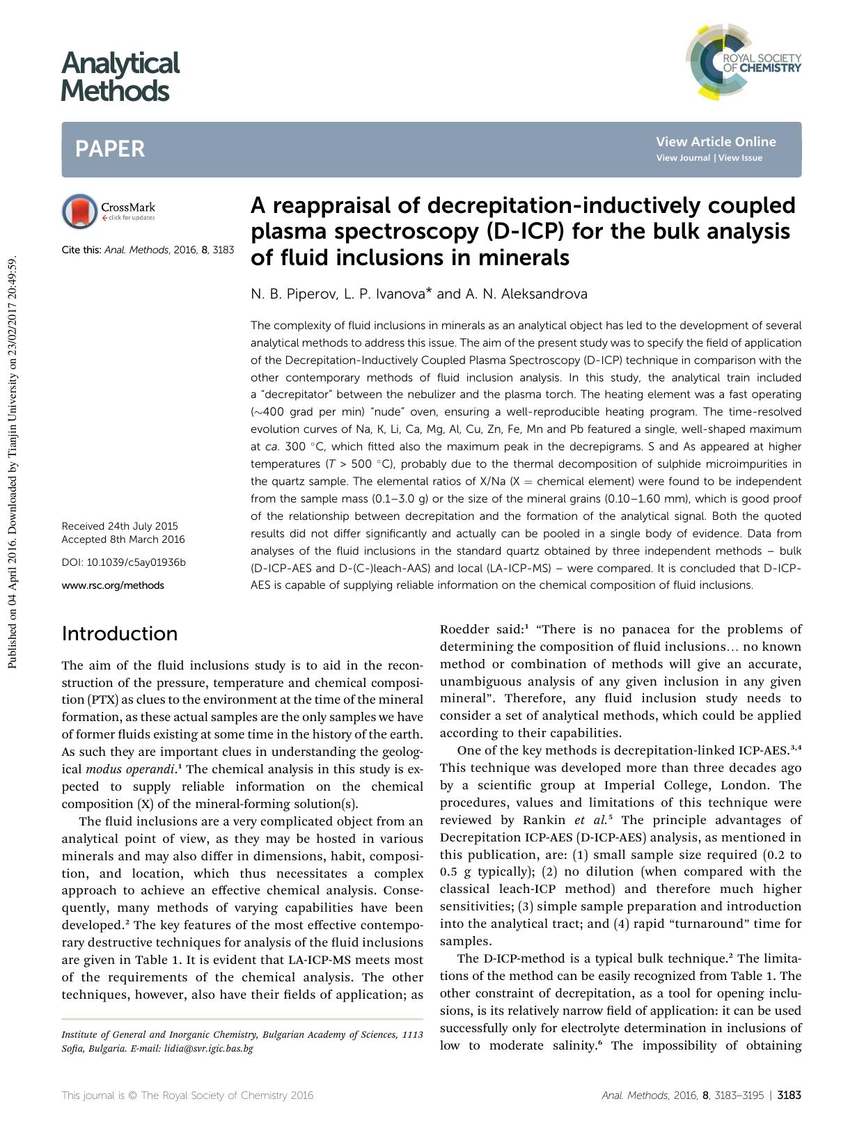 A reappraisal of decrepitation-inductively coupled plasma spectroscopy (D-ICP) for the bulk analysis of fluid inclusions in minerals by N. B. Piperov & L. P. Ivanova & A. N. Aleksandrova