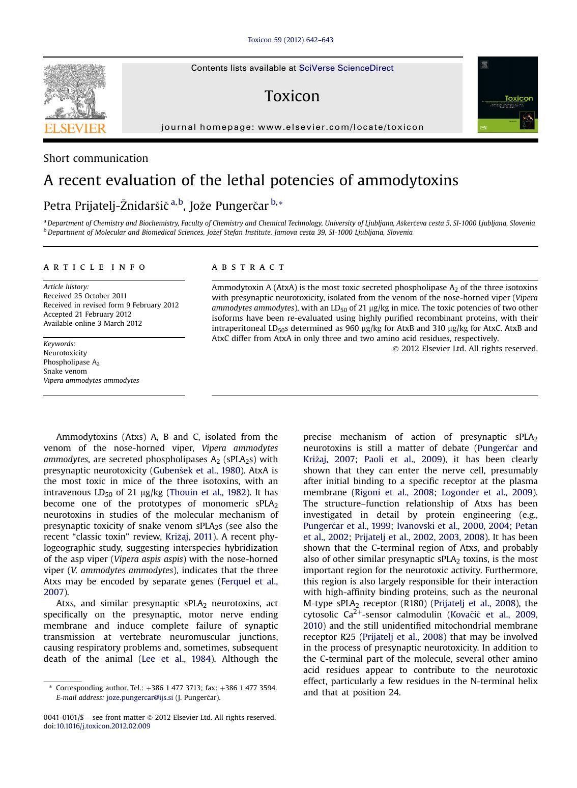A recent evaluation of the lethal potencies of ammodytoxins by Petra Prijatelj-Žnidaršič & Jože Pungerčar