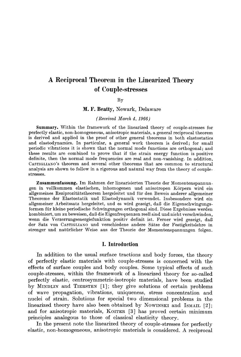 A reciprocal theorem in the linearized theory of couple-stresses by Unknown