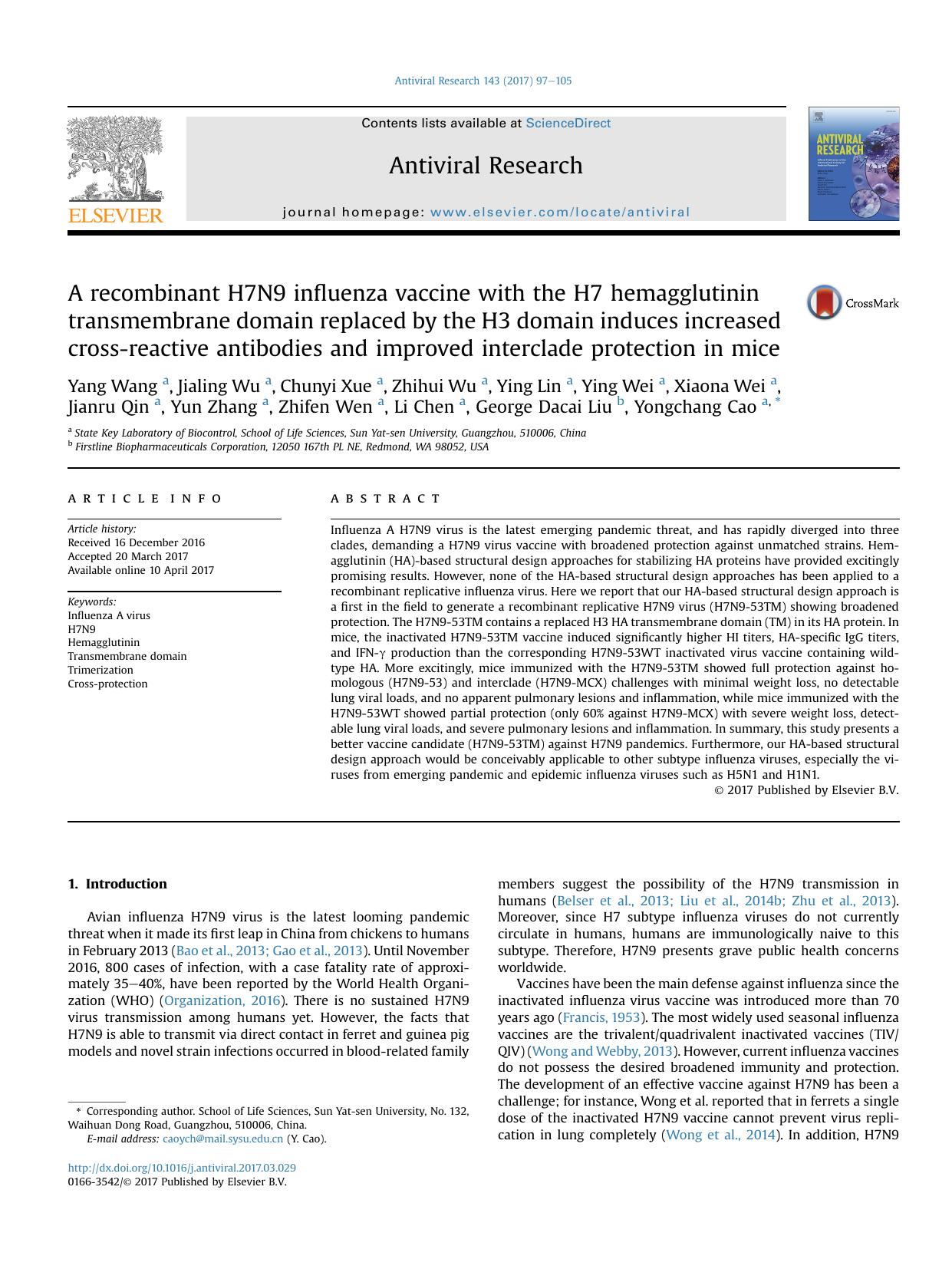 A recombinant H7N9 influenza vaccine with the H7 hemagglutinin transmembrane domain replaced by the H3 domain induces increased cross-reactive antibodies and improved interclade protection in mice by unknow