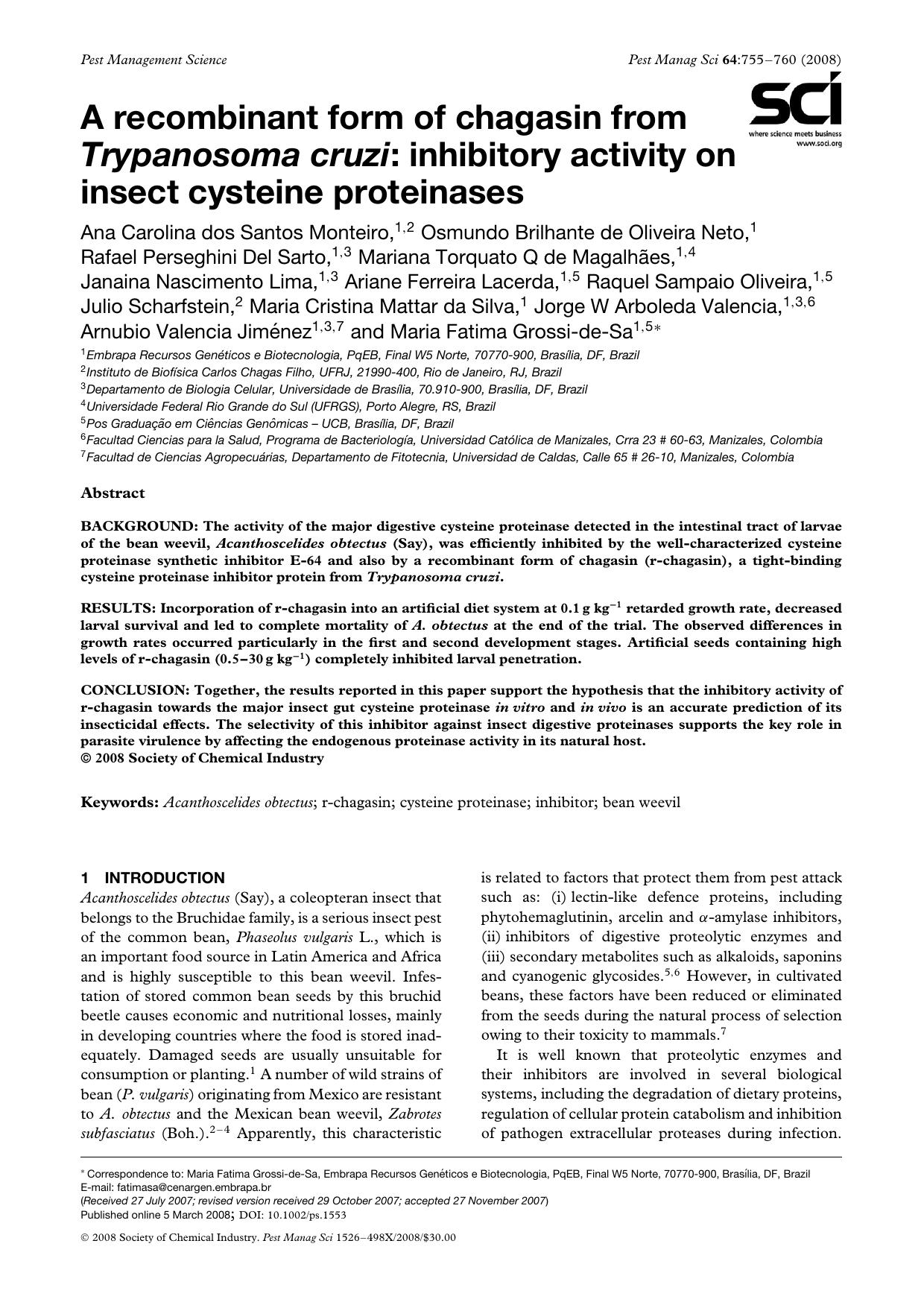 A recombinant form of chagasin from Trypanosoma cruzi: inhibitory activity on insect cysteine proteinases by Unknown