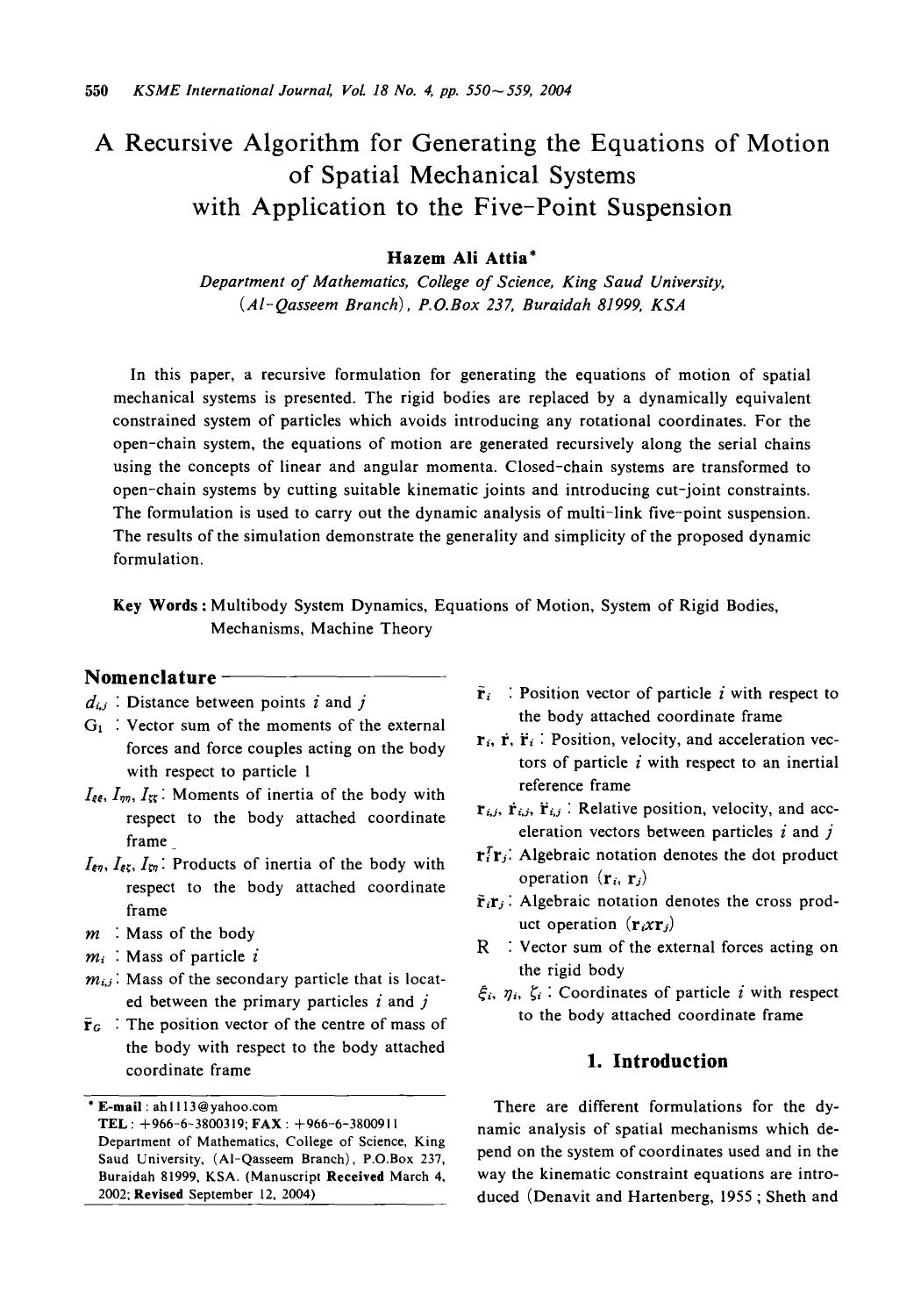 A recursive algorithm for generating the equations of motion of spatial mechanical systems with application to the five-point suspension by Unknown