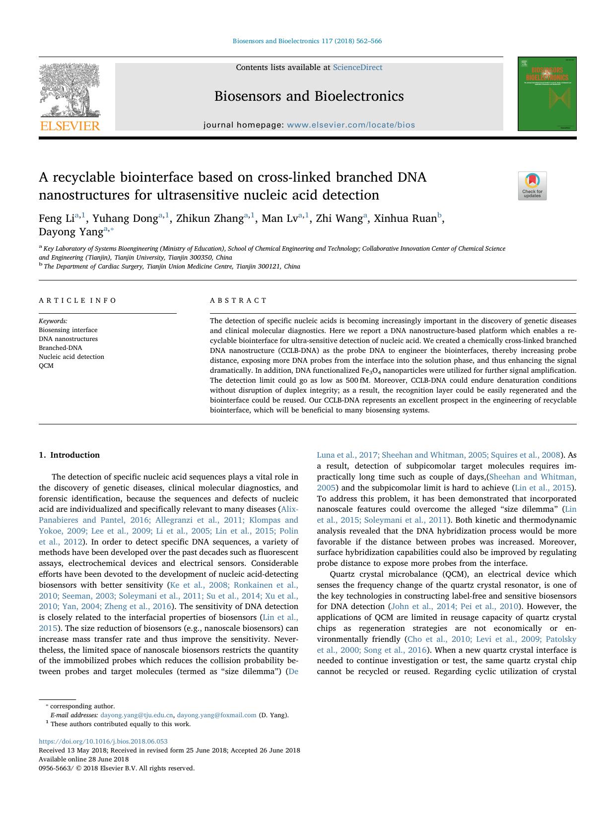 A recyclable biointerface based on cross-linked branched DNA nanostructures for ultrasensitive nucleic acid detection by Feng Li & Yuhang Dong & Zhikun Zhang & Man Lv & Zhi Wang & Xinhua Ruan & Dayong Yang