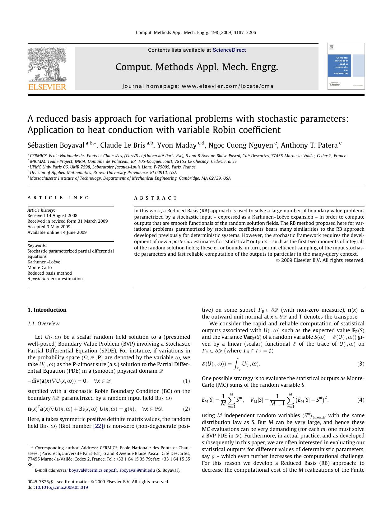 A reduced basis approach for variational problems with stochastic parameters: Application to heat conduction with variable Robin coefficient by Sébastien Boyaval; Claude Le Bris; Yvon Maday; Ngoc Cuong Nguyen; Anthony T. Patera