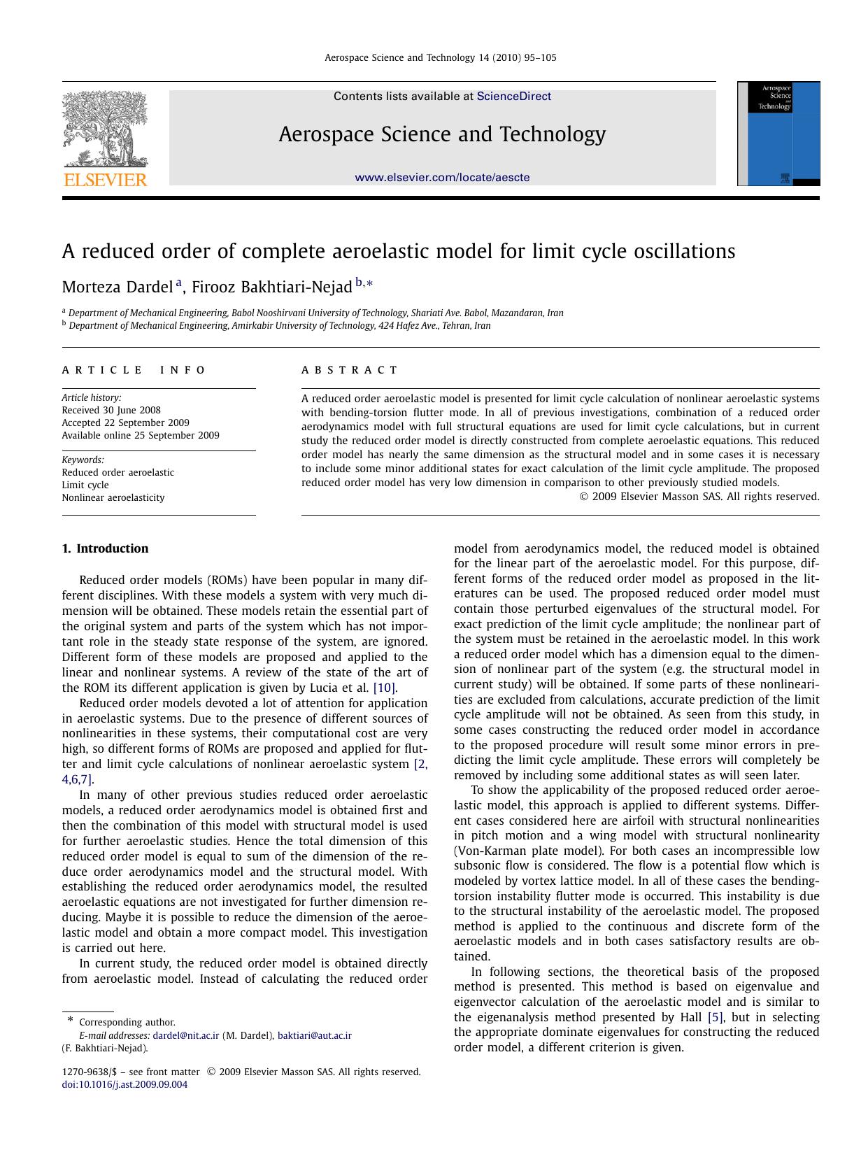 A reduced order of complete aeroelastic model for limit cycle oscillations by Morteza Dardel; Firooz Bakhtiari-Nejad