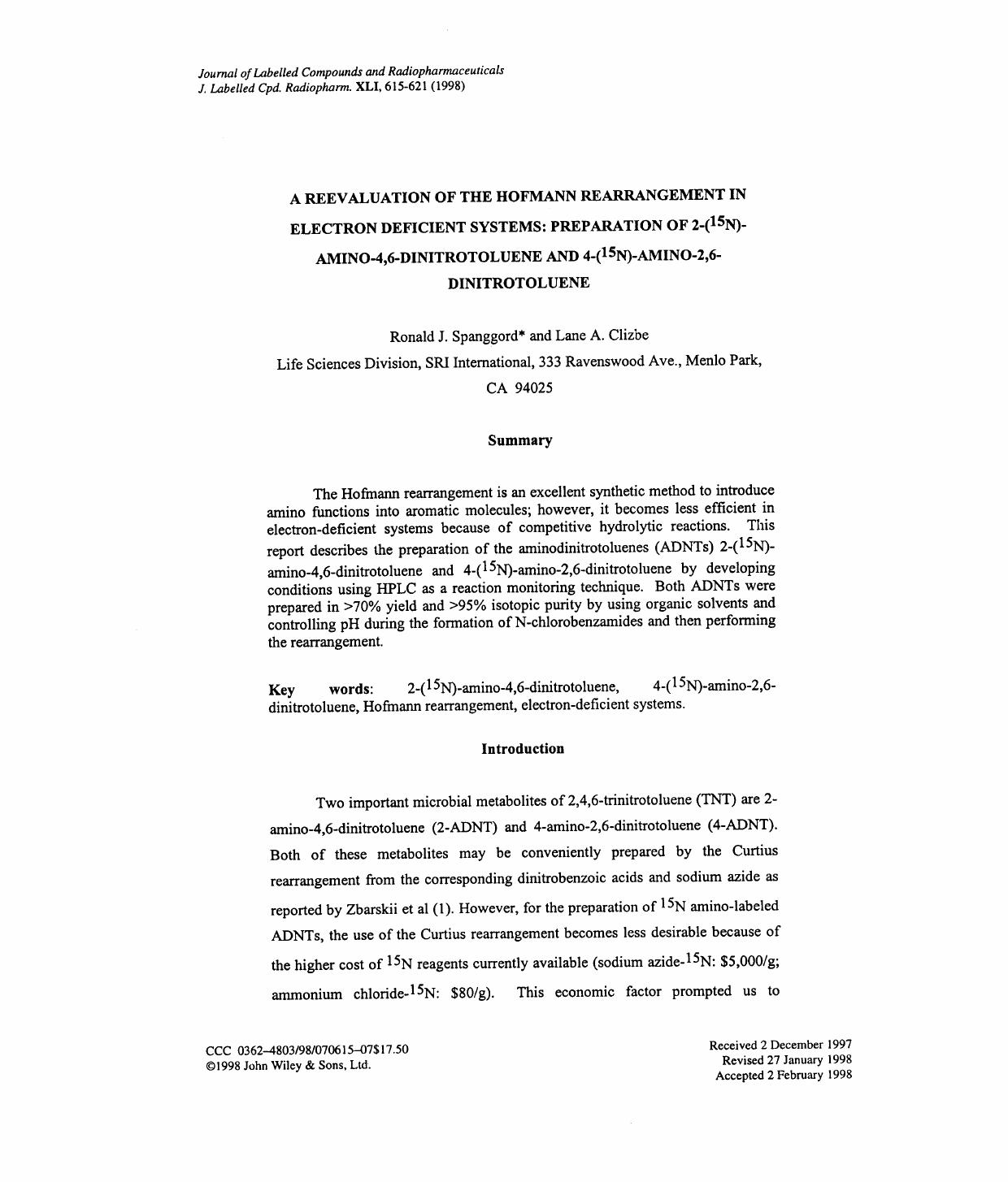A reevaluation of the Hofmann rearrangement in electron deficient systems: preparation of 2-(15N)-amino-4,6-dinitrotoluene and 4-(15N)-amino-2,6-dinitrotoluene by Unknown