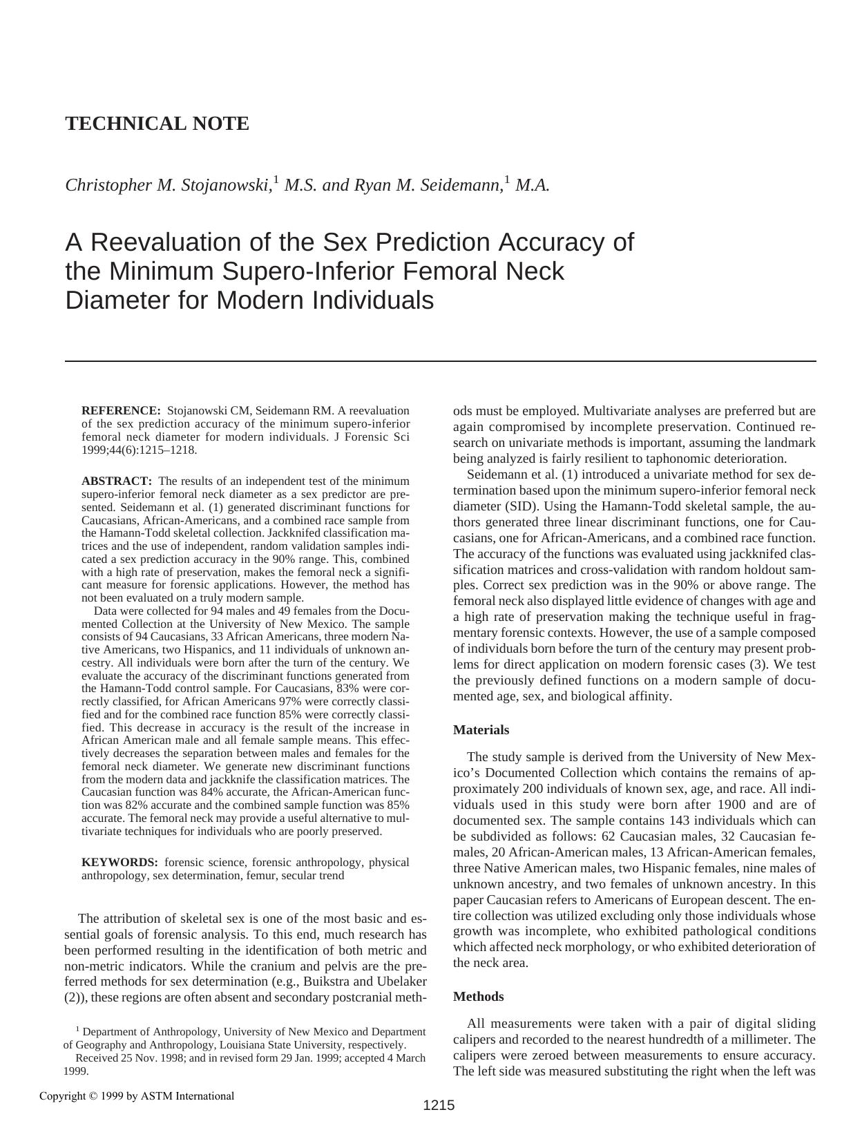 A reevaluation of the sex prediction accuracy of the minimum supero-inferior femoral neck diameter for modern individuals by Stojanowski CM Seidemann RM