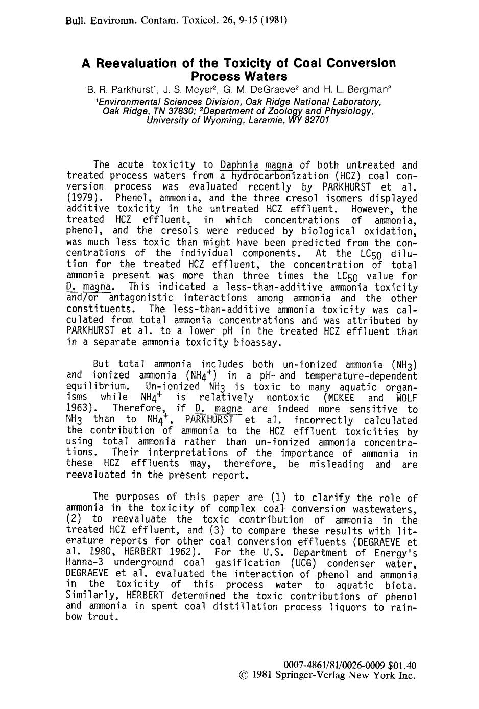A reevaluation of the toxicity of coal conversion process waters by Unknown