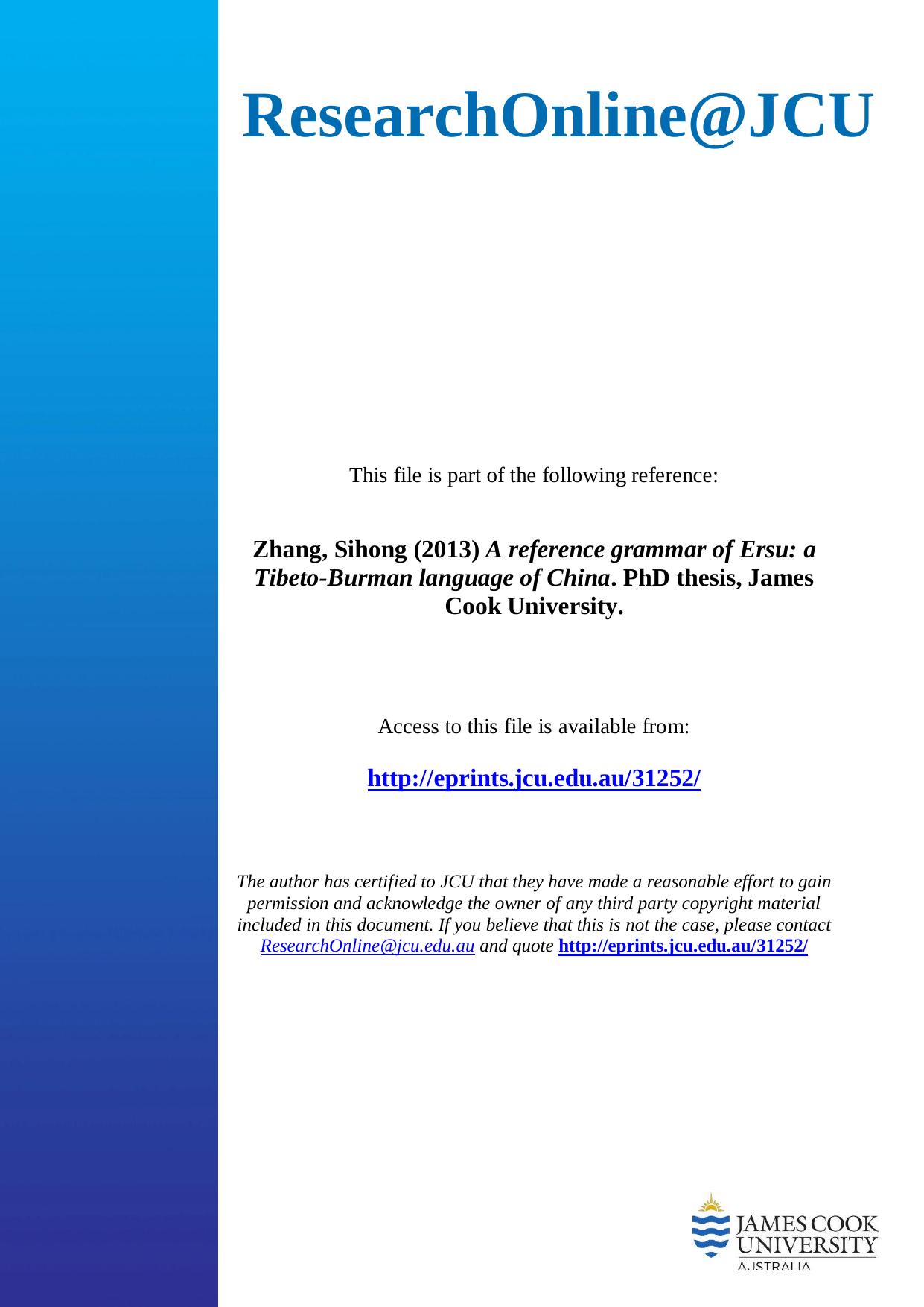 A reference grammar of Ersu: a Tibeto-Burman language of China by Sihong Zhang