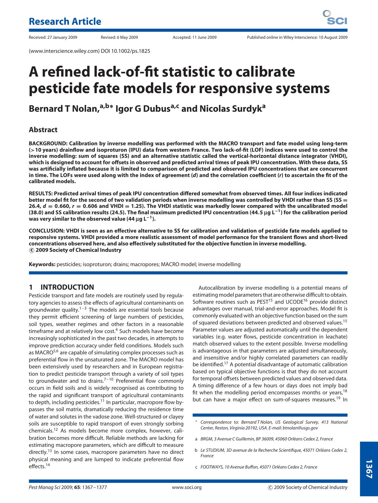 A refined lack-of-fit statistic to calibrate pesticide fate models for responsive systems by Unknown