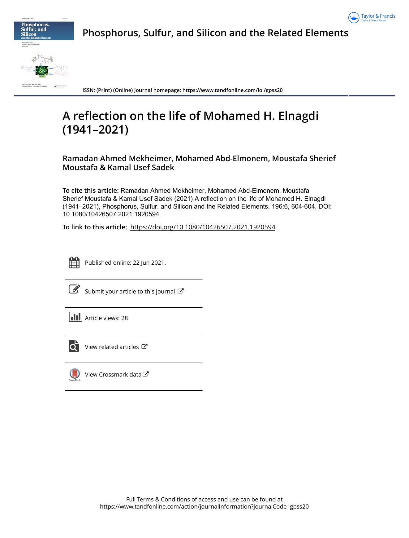 A reflection on the life of Mohamed H. Elnagdi (1941â2021) by Mekheimer Ramadan Ahmed & Abd-Elmonem Mohamed & Moustafa Moustafa Sherief & Sadek Kamal Usef