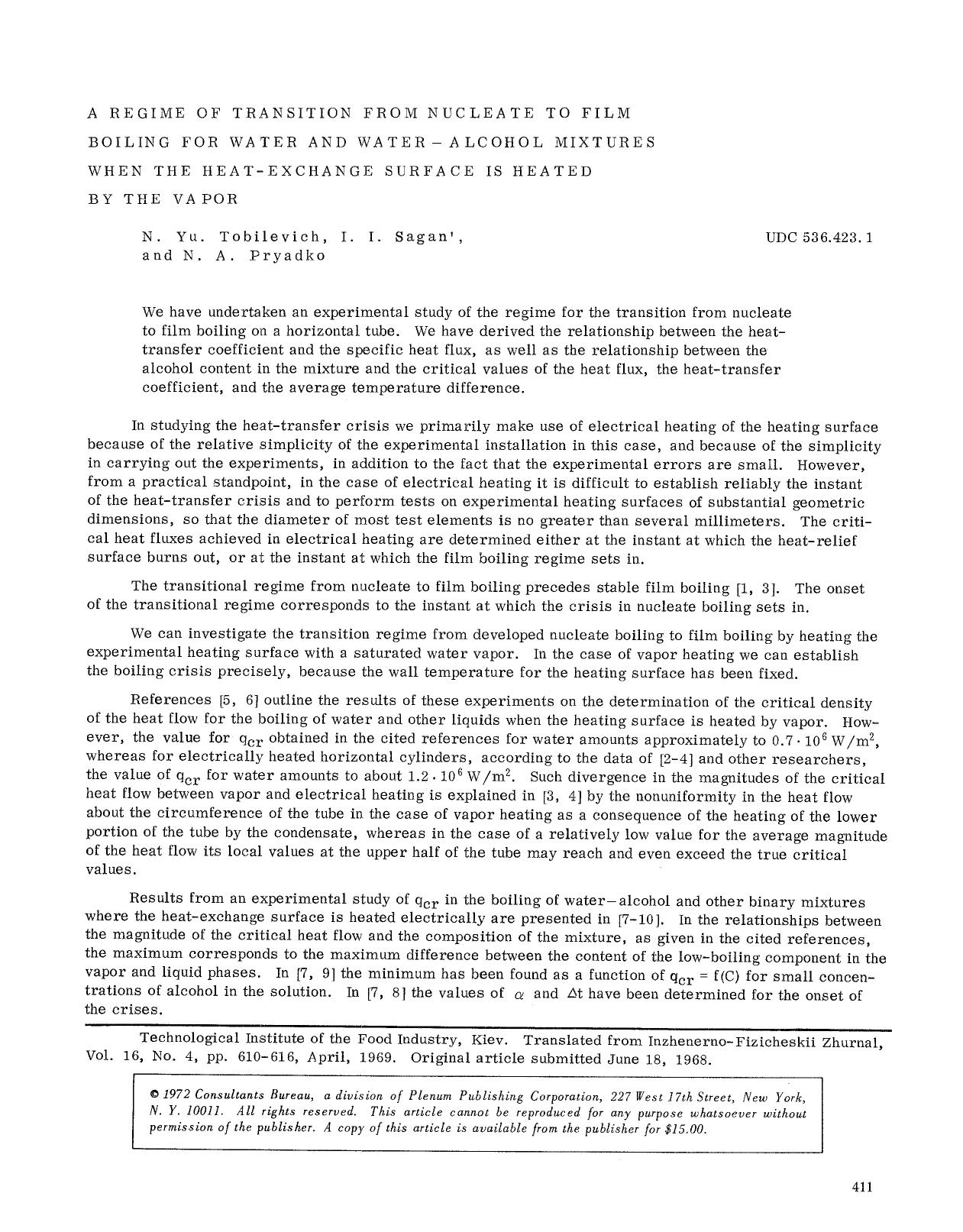 A regime of transition from nucleate to film boiling for water and water-alcohol mixtures when the heat-exchange surface is heated by the vapor by Unknown