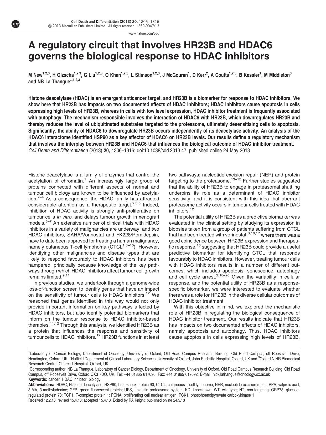 A regulatory circuit that involves HR23B and HDAC6 governs the biological response to HDAC inhibitors by unknow